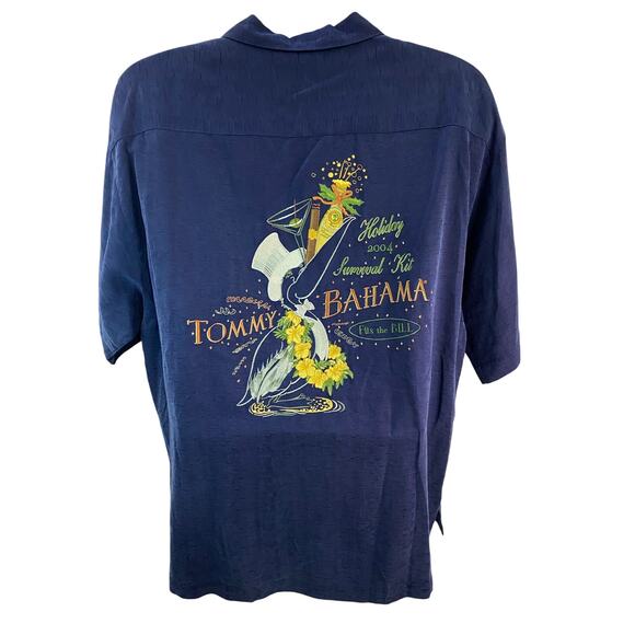 TOMMY BAHAMA 100% Silk Hawaiian Shirt Holiday Survival Kit Embroidered Mens Sz L - Picture 1 of 12